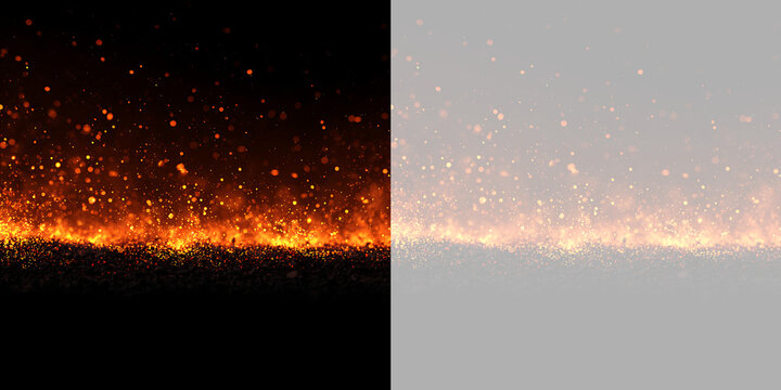 Fire sparks and glowing embers overlay banner. Burning particle effect on dark surface