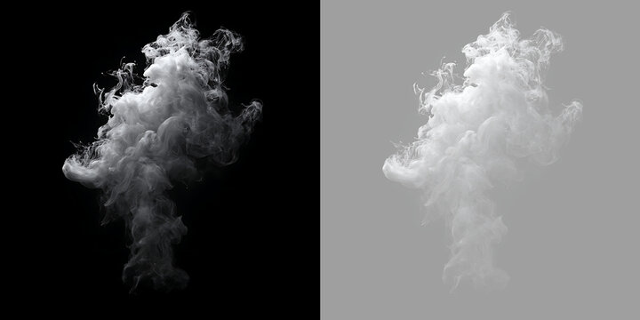 White smoke plume isolated on black background. Abstract cloud plume overlay effect with transparent background preview