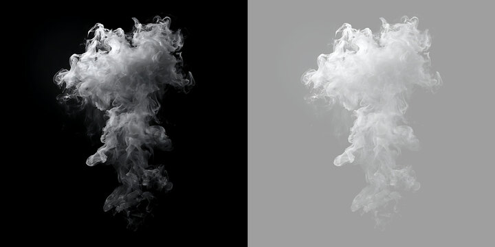 Massive white smoke cloud rising on black background. Volumetric steam plume overlay design element