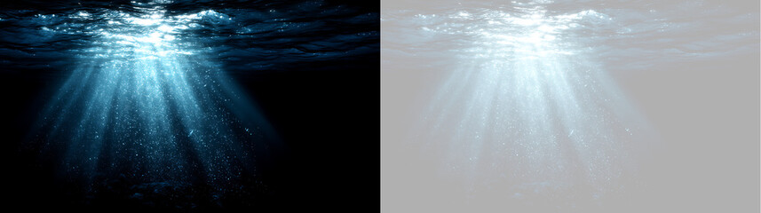 Deep underwater scene with sun rays shining through ocean surface. Sunbeams filtering through dark blue water overlay effect © Василий Куриленко