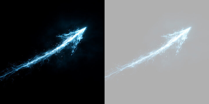 Upward pointing blue lightning arrow visual effect. Electric plasma trail isolated on transparent and black background