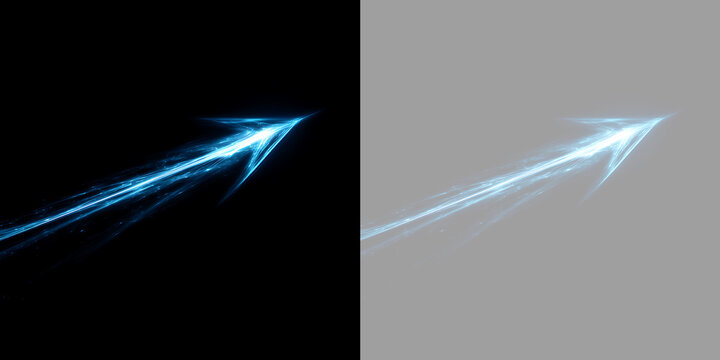 Glowing cyan blue light arrow vector effect. Electric energy motion speed trail isolated on black and transparent background