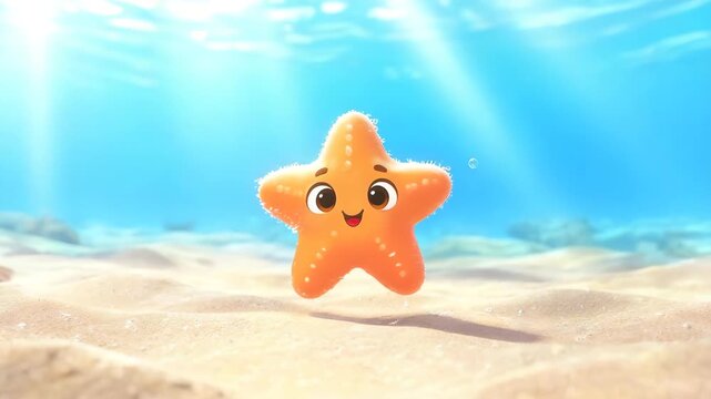 Animated starfish dancing underwater with sunbeams on sandy seabed