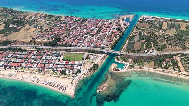 Nea Poteidaia coastal town and canal linking turquoise seas