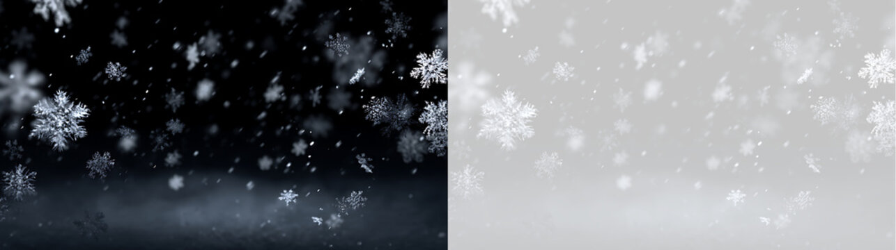 Falling snow effect with realistic snowflakes overlay. Winter snowfall isolated on transparent background. Christmas seasonal background element