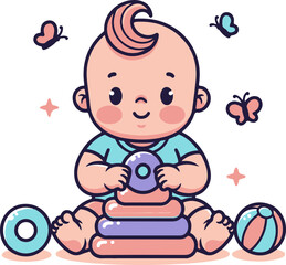 Naklejka premium A cute baby playing with colorful toys and blocks in a fun