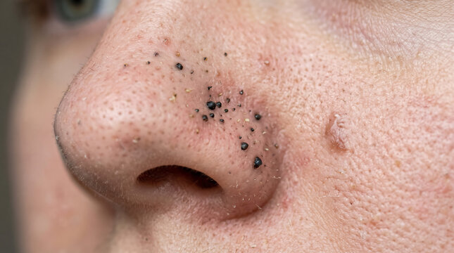 Macro close up of nose showing large blackheads and clogged pores on skin surface requiring deep cleansing facial treatment and professional dermatological skincare.