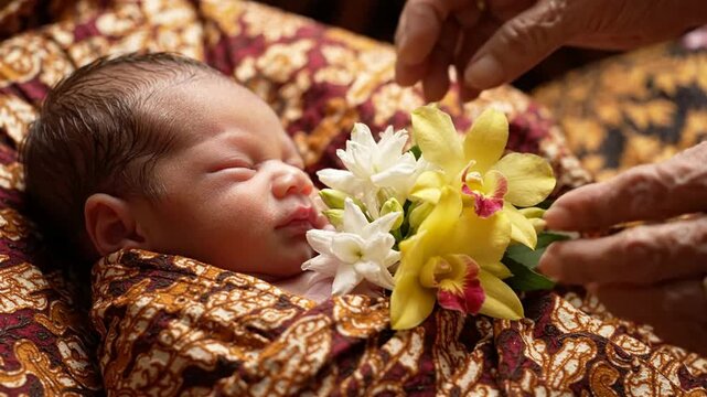 Newborn Baby Receiving Traditional Floral Blessing Ceremony.