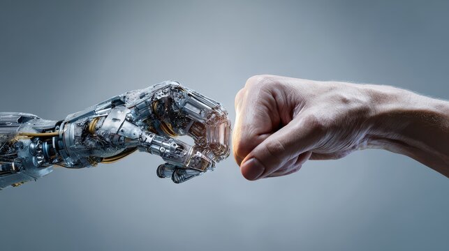 Human And Robot Hands Performing Fist Bump Against Gray Background