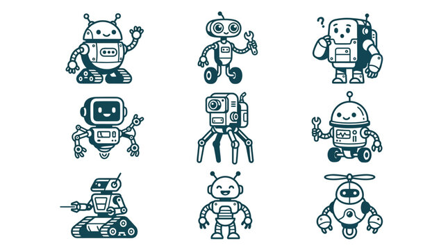 Mini robot and droid character icons for sci-fi games.