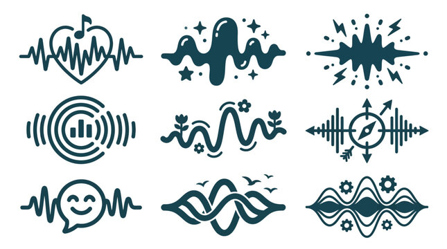 Sound wave and digital equalizer visualization icons.