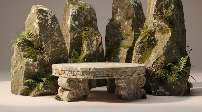 Stone pedestal and rocks with moss and ferns in a studio setting.