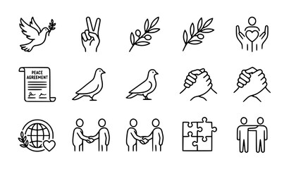 Fototapeta premium Peace and Unity Minimal Outline Icons Set with Dove Treaty and Olive Branch Vector Collection