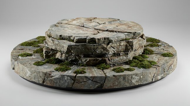 Cracked Stone Pedestal with Moss Accents Studio Shot.