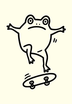 Cute cartoon frog riding skateboard jumping line art doodle vector
