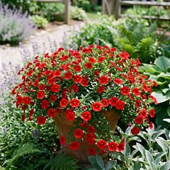 Naklejka premium Red and White Garden Flowers with Holly Berries and Lush Green Leaves in Summer Bloom