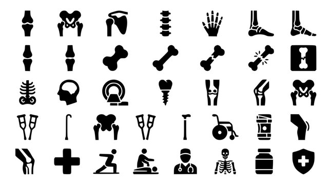 Orthopedic Medicine and Skeletal Trauma Care Silhouette Icon Set Featuring Bone Fractures, Joint Implants, Brain Scans, Physical Rehabilitation, and Mobility Assistive Hardware
