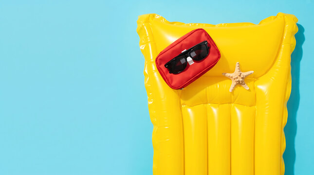 Yellow inflatable air mattress with red bag and sunglasses and starfish on blue background for summer vacation concept mattress inflatable vacation sunglasses