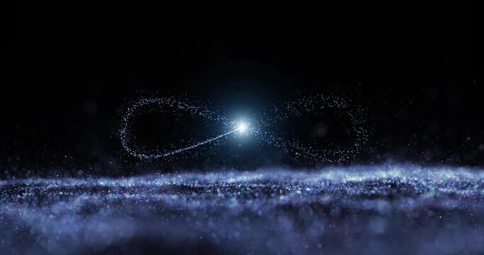 Rotating blue infintiy symbol on a wavy surface loop animation background.