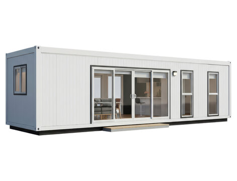 Modern white modular tiny house container cut out on transparent background