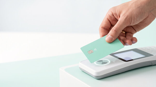 Hand holding contactless payment card over modern credit card reader