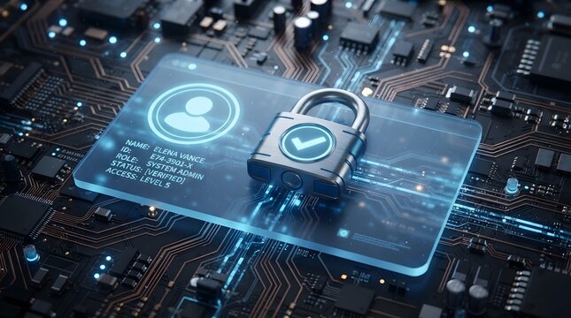 Digital security concept with a padlock and user profile on a circuit board background