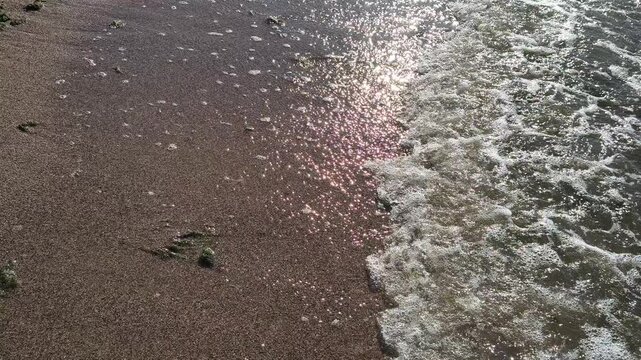 Rough coastal waves crashing onto rocky shore covered with green algae and sea foam. Murky water, sandy beach texture, and scenic horizon under a cloudy sky. Environmental nature background.