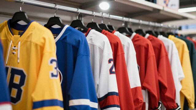 A row of colorful sports jerseys hanging on racks inside a retail store, showcasing team colors and player numbers.