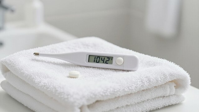 A digital thermometer displaying a high temperature of 104.2F rests on a clean white towel beside a pill, indicating medical fever indicators in a clinical setting.