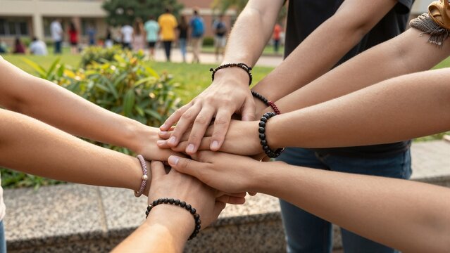 Group of friends stacking hands together in a circle outdoors, showing teamwork and solidarity on campus grounds.