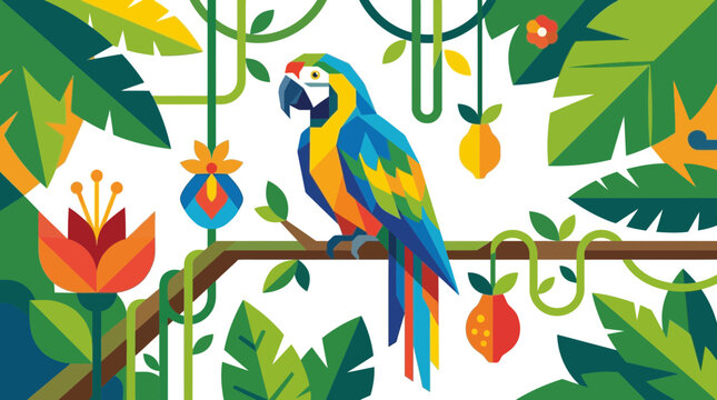 Geometric jungle illustration featuring a colorful macaw parrot perched on a flowering tropical branch with leaves and exotic fruits in blue, red, and green.