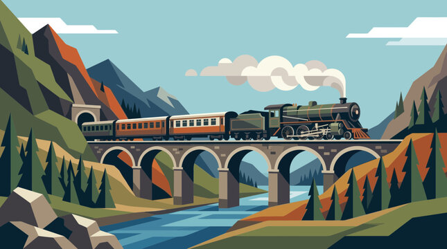 Geometric railway scene featuring an old steam locomotive crossing a high stone arch bridge through a mountain pass with pine forests in brown, green, and blue.