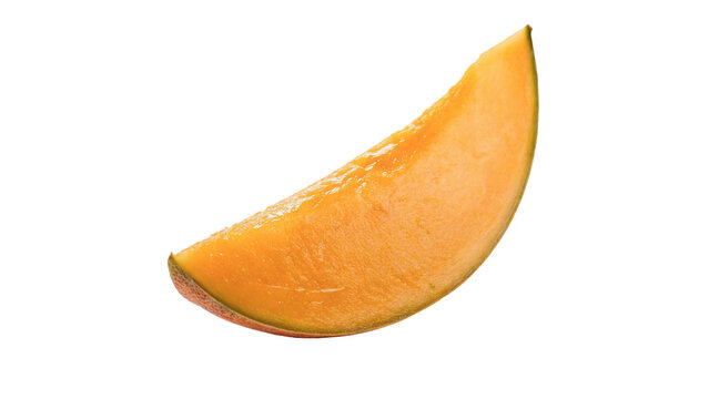 Single sweet juicy ripe yellow melon slice crescent cut fruit isolated on transparent background