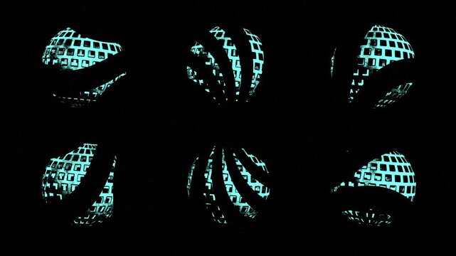 Abstract glowing cyan spheres morphing on black background