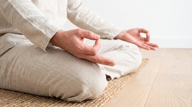 Close up of person in linen clothes practicing meditation with Gyan Mudra on a woven mat, ideal for wellness and mindfulness themes