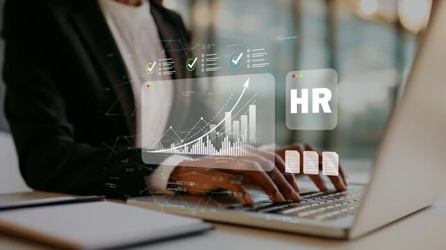 Workplace equality and inclusive talent development strategy supported by workforce analytics graph reporting and black businesswoman leadership symbolized by glowing HR icon and growing graph