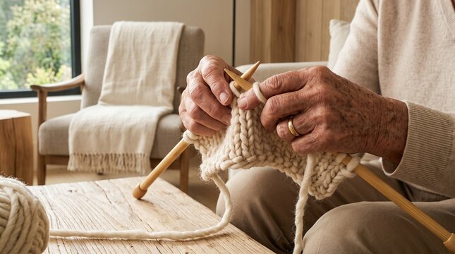 Close-up of elderly hands knitting thick white wool with wooden needles in a cozy living room, showcasing a peaceful creative hobby.