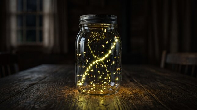Fireflies glowing in the shape of a rising trend line inside a jar