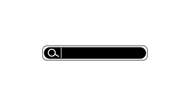 Animated search bar magnifying glass icon on a white and black background and a mouse cursor clicking the search button for web navigation concepts 4k video.