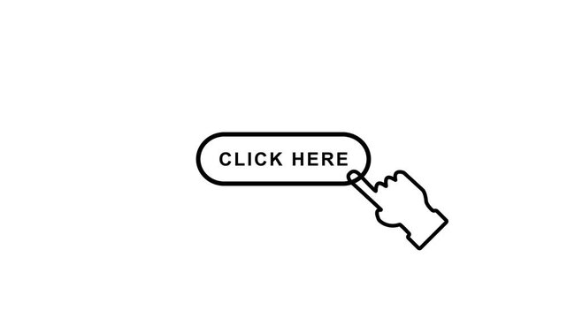 A click here button label with a cursor hand icon in outlined style on white background for web interaction 4k video animation.