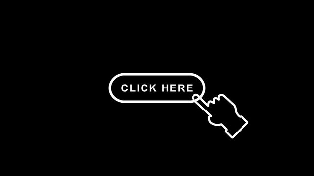 A click here button label with a cursor hand icon in outlined style on white background for web interaction 4k video animation.