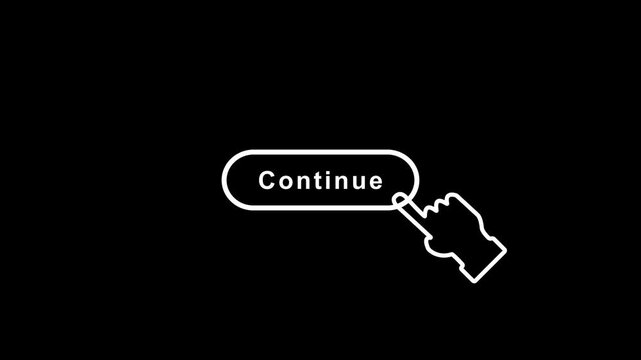 A continue button label with a cursor hand icon in outlined style on white background for web interaction 4k video animation.