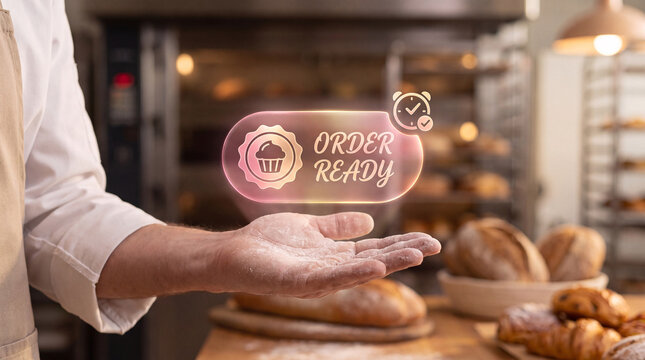 baker holds glowing order ready badge above open palm to confirm custom cake completion, display pickup time notification icon, and track bakery order fulfillment status