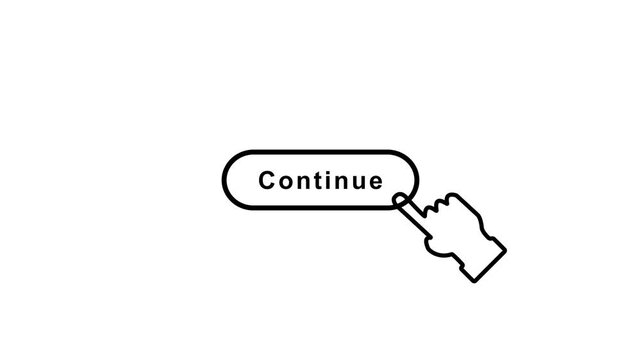 A continue button label with a cursor hand icon in outlined style on white background for web interaction 4k video animation.