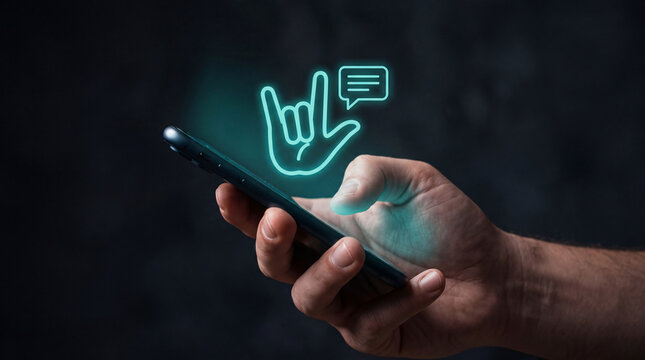 hand holding smartphone with glowing captioning icon and sign language hand symbol to represent accessibility feature, hearing assistance technology, and inclusive communication support