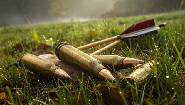 Ammunition bullets and arrow resting in wet grass on a foggy morning with rain falling