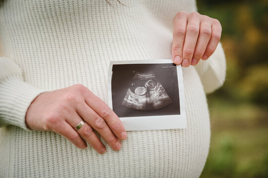 Pregnant woman holding an ultrasound scan picture on her belly. Expecting mother showing baby sonogram photo outdoors in autumn.