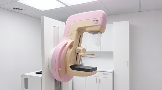 Mammography machine in medical examination room with bright lighting  breast cancer check up