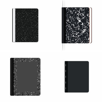 Set of four classic composition notebooks with black and white marble and speckled patterns isolated on a white background