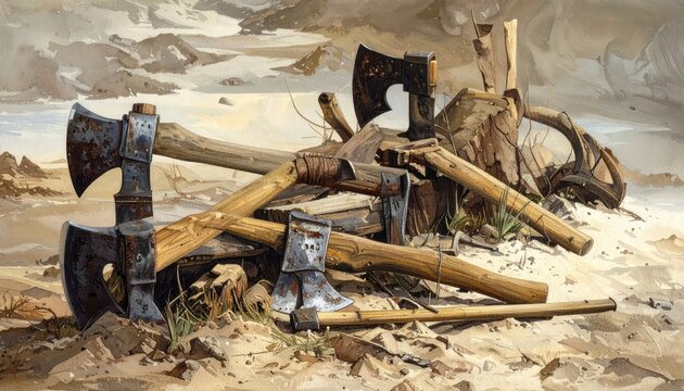 An assemblage of old, rusty axes and wood logs scattered on the sandy ground, evoking a rustic and abandoned theme.